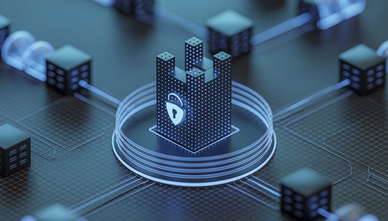Conceptual image of a digital fortress with layers of protection, symbolizing cybersecurity and Cuick Trac's compliance solutions.